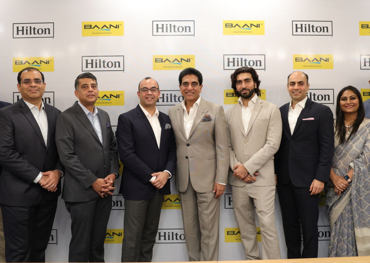 Third from left - Zubin Saxena, senior VP and country head, India, Hilton, Virendra K Bhatia, Chairman, Baani Group, and Saahil Bhatia, MD, Baani Group for Hilton Gurugram Baani City Center sigining (1).jpg